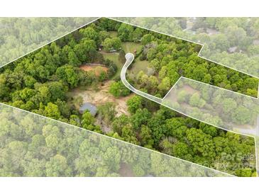 Expansive aerial view of a wooded lot with a meandering driveway and building, showcasing the property's potential at 124 Neumann Run, Belmont, NC 28012