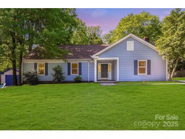 Charming blue home featuring a well-manicured lawn and a welcoming covered entryway at 1938 Dembrigh Ln, Charlotte, NC 28262