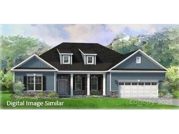 Charming, single-story home with blue siding, a black roof, dormers, columns, and an attached two-car garage at 124 Adalyn Ivy Ln # 4, Mooresville, NC 28115