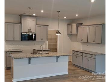 A modern kitchen features gray cabinets, stainless steel appliances, and granite countertops at 2009 Vinyasa Ln # Sts-44, Charlotte, NC 28215