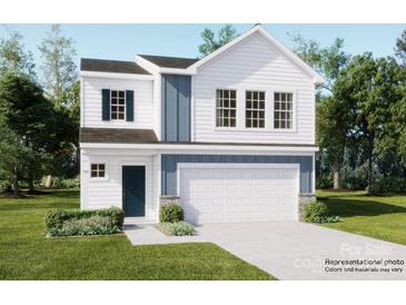 Charming two-story home with a two-car garage, crisp white siding, and a dark blue accent panel at 2112 Columbidae Ln, Gastonia, NC 28052
