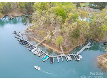 Aerial view showcases a boat dock with multiple slips, offering convenient lake access for boating enthusiasts at 2620 Shady Reach Ln, Charlotte, NC 28214