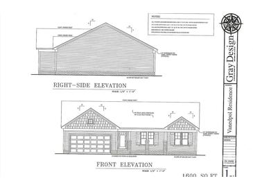 Architectural plans showing right-side and front elevation views of a single-Gathering home at 85 Cornerstone Dr, Taylorsville, NC 28681