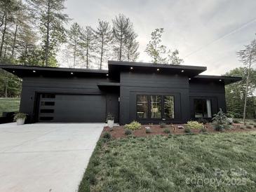 Modern home featuring a sleek, black exterior with a flat roof and professionally landscaped yard at 444 Starnes Circle Dr, Taylorsville, NC 28681