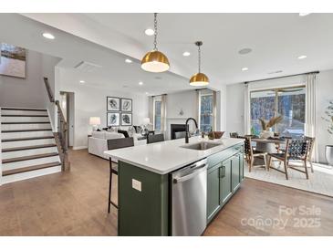 Open-concept kitchen featuring an island with a sink, stainless steel appliances, and a view into the living room at 13251 Chopin Ridge Rd, Huntersville, NC 28078