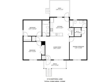 Detailed floor plan showcases the layout of a 1276 sq ft home with living room, kitchen, bedrooms, deck and porch at 5114 Daffodil Ln, Concord, NC 28025