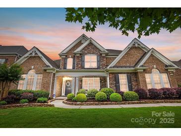 Beautiful brick and stone home with lush landscaping and manicured lawn at sunset, perfect for Gathering living at 10205 Alouette Dr, Waxhaw, NC 28173