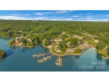 Stunning aerial view of lakefront property with private boat docks and lush green surroundings at 13932 Queens Harbor Rd, Charlotte, NC 28278