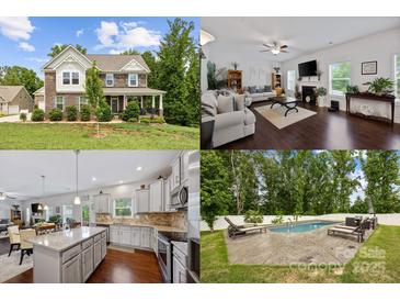 Collage showcasing the home's exterior, living room, kitchen, and backyard pool at 5384 Gatsby Cir, Rock Hill, SC 29732