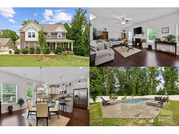 Real estate collage: Home exterior, living room, kitchen, and private pool with lounge chairs at 5384 Gatsby Cir, Rock Hill, SC 29732