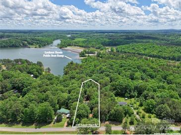 Beautiful aerial view of 4585 Sunrise Beach Rd property and the Lookout Shoals Public Boat Ramp in the distance at 4585 Sunrise Beach Rd, Catawba, NC 28609