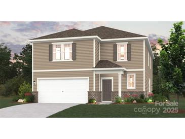 New two-story home with neutral siding, a two-car garage, and classic architectural details for a welcoming curb appeal at 829 Hallman Branch Ln, Lincolnton, NC 28092