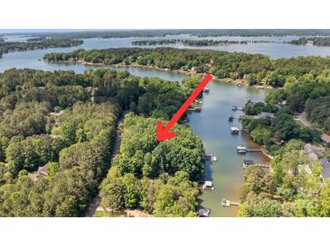 Beautiful aerial view of wooded lot on Lake Wylie with arrow pointing towards property at 505 Kemp Rd, Mooresville, NC 28117