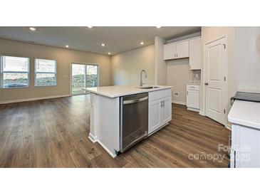 Bright kitchen featuring an island, stainless steel dishwasher, and wood-look floors at 4209 Summit Woods Dr, Charlotte, NC 28216