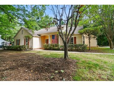 Charming single-story home with a landscaped yard and an American flag on the porch at 9927 Raddington Ln, Charlotte, NC 28269