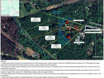 Acreage for sale featuring four lots, proposed homes, existing structures, and a vicinity map at 506 Waring Ct, Fort Mill, SC 29707