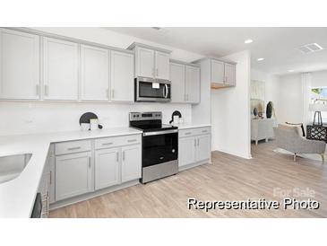 Bright kitchen features white cabinets, stainless steel appliances, white countertops, and wood look floors at 11716 Avocet St # 75, Charlotte, NC 28215