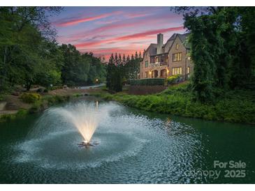 Stunning exterior view of home with a beautiful fountain and professionally landscaped greenery at 5915 Vidal Ln, Charlotte, NC 28226