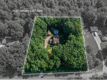Aerial view of private lot with mature trees, home, and pool with approximate lot lines at 3513 Briarcliff Acres Dr, Lincolnton, NC 28092