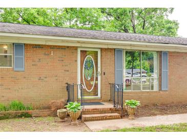 Charming brick home entrance with decorative door, blue shutters and flower urns at 504 Amon Ln, Pineville, NC 28134