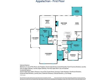 Appalachian first floor plan featuring an open-concept living space, kitchen, owner's suite, and a one-car garage at 2533 Mabel Ln, Monroe, NC 28110
