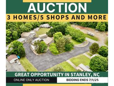 Aerial view of an auction property featuring multiple homes and shops in Stanley, NC with a bidding deadline of July 1, 2025 at 1733 S Nc 16 Business Hwy, Stanley, NC 28164