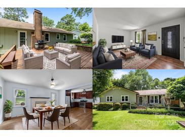 Four image collage: back deck, living room, dining room, and exterior of home at 6231 Coach Hill Ln, Charlotte, NC 28212