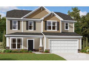 Charming two-story home featuring a two-car garage, neutral siding, black shutters, and a well-maintained lawn at 8610 Acadia Pkwy, Sherrills Ford, NC 28673