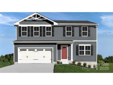 Charming two-story home with gray siding, black shutters, a two-car garage, and a welcoming red front door at 10108 Florentine Way, Charlotte, NC 28214