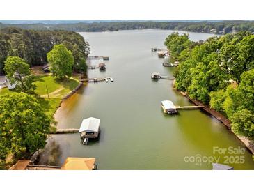 Breathtaking aerial view showcasing the lake and boat docks, with lush green trees and clear water at 669 Kenway Loop, Mooresville, NC 28117