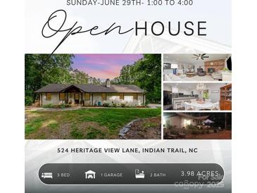 Charming home with lush greenery, stone accents, and an open house invitation at 524 Heritage Vw, Indian Trail, NC 28079