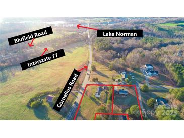 Excellent aerial view showcases the property's proximity to Lake Norman and Interstate 77 at 110 Dorothy Ln, Mooresville, NC 28117