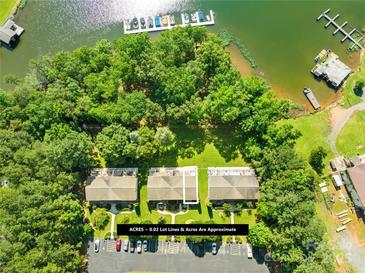 Stunning aerial view of townhomes, lake access, and boat docks surrounded by lush greenery at 49009 Dockside Ln # D, Albemarle, NC 28001