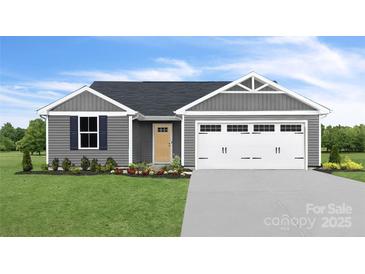 Charming single-story home with gray siding, a well-manicured lawn, and a two-car garage at 10127 Florentine Way, Charlotte, NC 28214