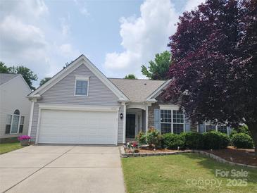 Charming one-story home featuring a manicured lawn, a two-car garage, and stone accents on the facade at 8722 Heron Glen Dr, Charlotte, NC 28269