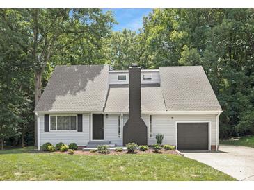 Charming single-story home featuring well-manicured lawn, a black chimney and an attached one car garage at 10101 Wood Ct, Charlotte, NC 28277