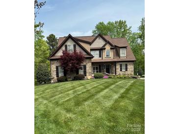 Charming stone home featuring a manicured lawn and complemented by lush landscaping at 394 Stonecliff Ln, Clover, SC 29710