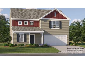 Two-story home with red and beige siding, gray shingles, and a two-car garage at 1547 Cottage Creek Dr, Bessemer City, NC 28016
