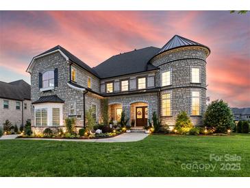 Stunning stone home with turret, manicured lawn, and inviting front entrance at 920 Terramore Dr, Waxhaw, NC 28173