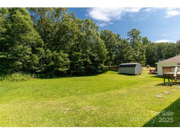 A lush green backyard with storage shed backed by mature trees at 1675 Old Lynwood Cir, Lancaster, SC 29720