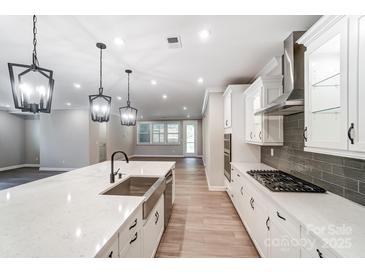 Modern kitchen featuring an island with a sink and white cabinetry, showcasing a sleek and functional design at 9662 Liberty Hill Dr, Mint Hill, NC 28227