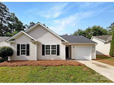 Charming single-story home featuring light siding, black shutters, and an attached one-car garage at 8219 Pozzi Rd, Charlotte, NC 28216
