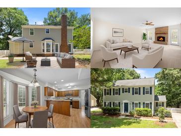 Real estate listing collage showcasing backyard, living room, kitchen, and home exterior at 10600 Four Mile Creek Rd, Charlotte, NC 28277