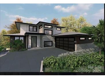 Modern home with a two-car garage, stone accents, and a sleek, flat roof design at 138 Broken Arrow Rd, Statesville, NC 28677