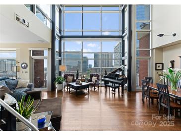 Bright living room with piano and stunning city view at 435 S Tryon St # 907, Charlotte, NC 28202