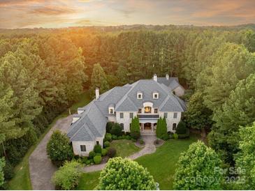 Stunning aerial view of a luxury home with a meticulously landscaped yard surrounded by lush greenery at 9110 Woodhall Lake Dr, Waxhaw, NC 28173