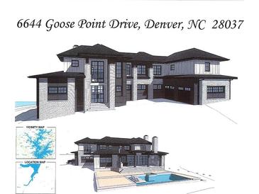 Modern architectural rendering of a lakeside home featuring a pool, balconies and a three car garage at 6644 Goose Point Dr, Denver, NC 28037