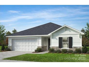 Charming one-story home featuring stone accents, black shutters, and a manicured front lawn at 2179 Norwood Ct, Denver, NC 28037