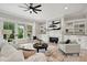 Bright living room featuring a fireplace, custom built-ins, and access to the outdoor living space at 8163 Fairview Rd, Charlotte, NC 28226