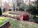 Landscaped backyard with a small red walking bridge at 2535 Fairfax Dr, Gastonia, NC 28054